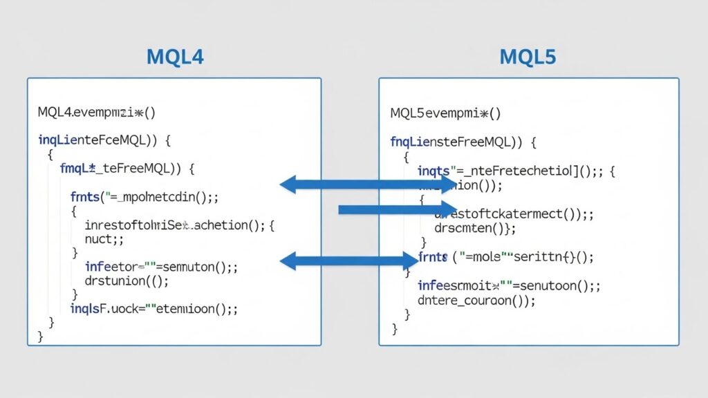 Code comparison showing differences between MQL4 and MQL5 programming syntax