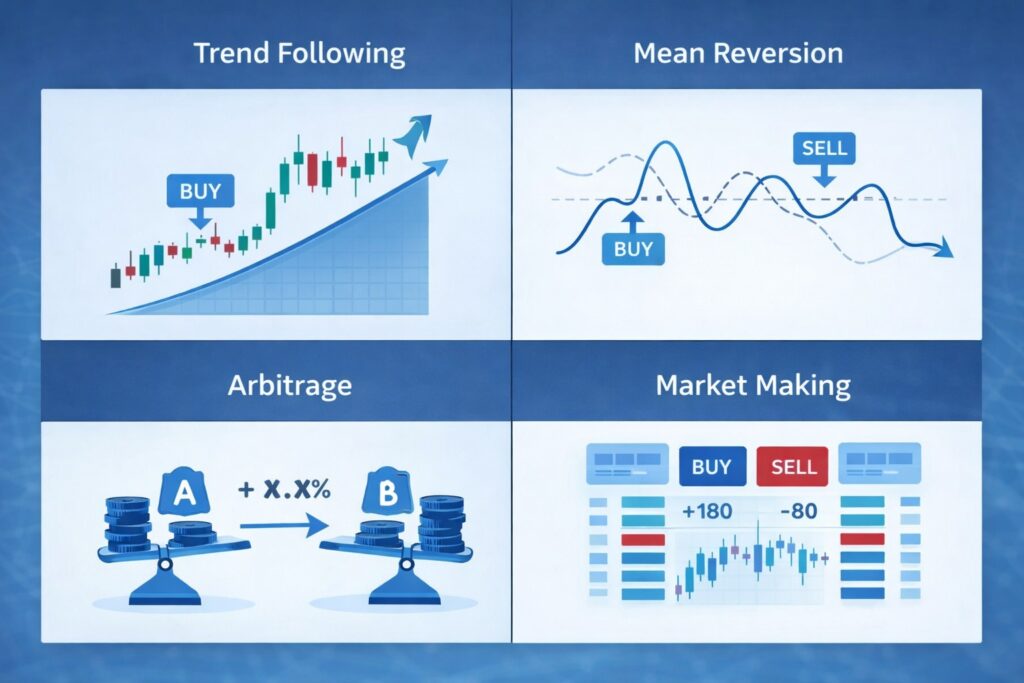 Algorithmic Trading Basics: Getting Started with Automated Forex Strategies 2 Four main algorithmic trading strategy types visualization including trend following and mean reversion