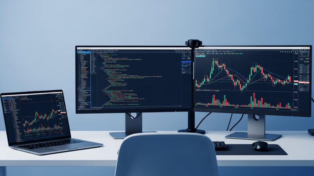 Algorithmic trading forex dual monitors showing algorithm code on one screen and live forex charts on the other.