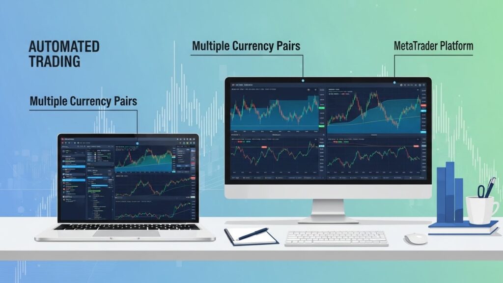 MetaTrader platform running automated Expert Advisor on screen, multiple currency charts