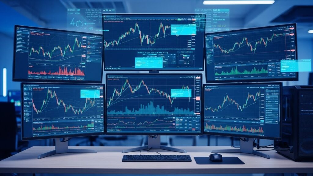 Automated forex trading platform using Expert Advisors with price charts and algorithmic trading indicators
