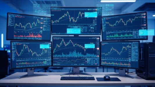 Automated forex trading platform using Expert Advisors with price charts and algorithmic trading indicators