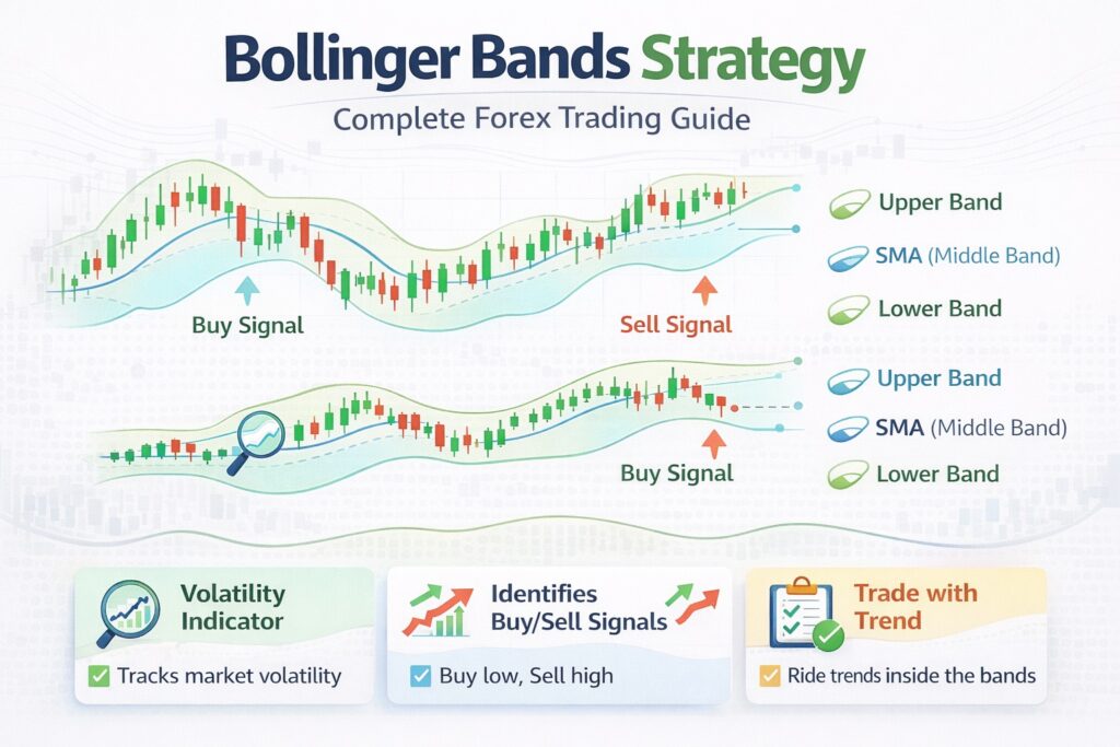 Bollinger Bands forex trading strategy infographic with squeeze setup, band bounces, volatility signals, optimal settings, and RSI combination
