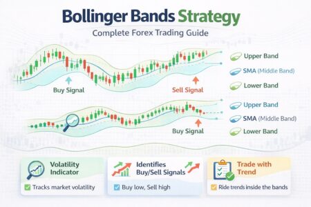 Bollinger Bands forex trading strategy infographic with squeeze setup, band bounces, volatility signals, optimal settings, and RSI combination
