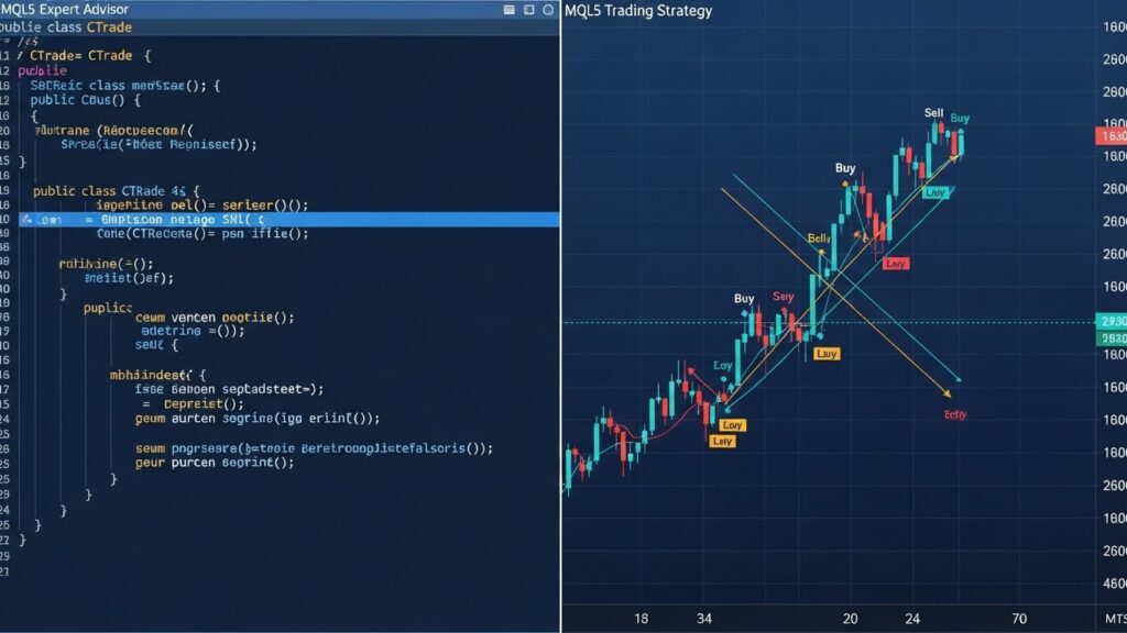 MQL5 Expert Advisor code example with corresponding automated trading results on MetaTrader 5 chart