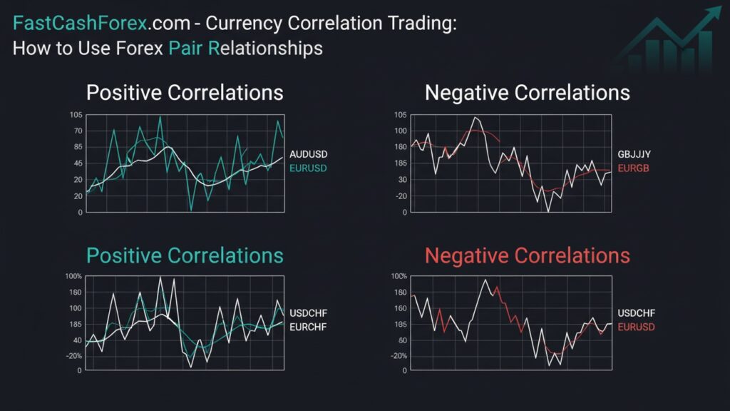 Currency Correlation-How to Use Forex Pair Relationships. in white and teal text at the top. The graphic is divided into two main sections: "Positive Correlations" on the left, with white and teal text, and "Negative Correlations" on the right, with white and red text for trading education