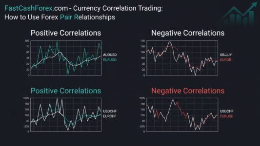 Currency Correlation Trading: How to Use Forex Pair Relationships Currency Correlation-How to Use Forex Pair Relationships. in white and teal text at the top. The graphic is divided into two main sections: "Positive Correlations" on the left, with white and teal text, and "Negative Correlations" on the right, with white and red text for trading education