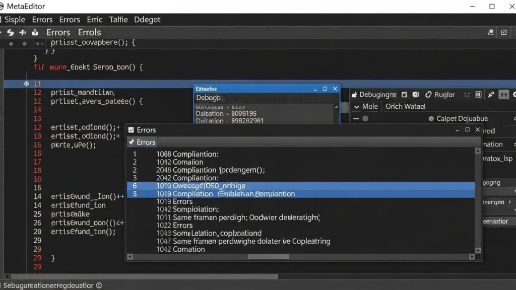 MetaEditor debugging interface showing compile errors and error messages
