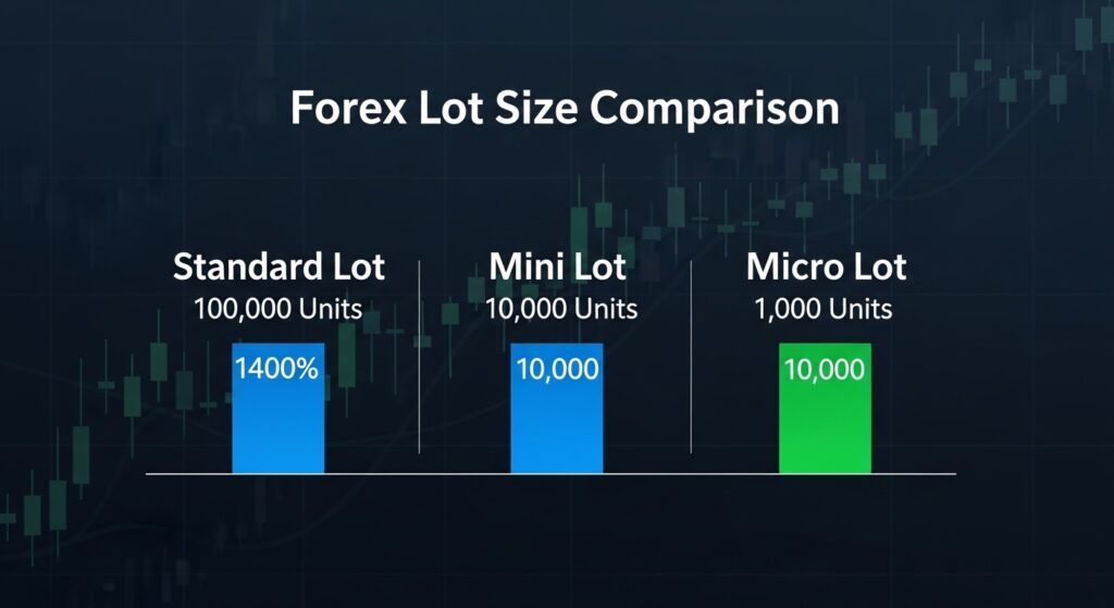 Comparing Lot Sizes Side-by-Side. Forex lot size comparison chart showing standard lot 100,000 units, mini lot 10,000 units, micro lot 1,000 units