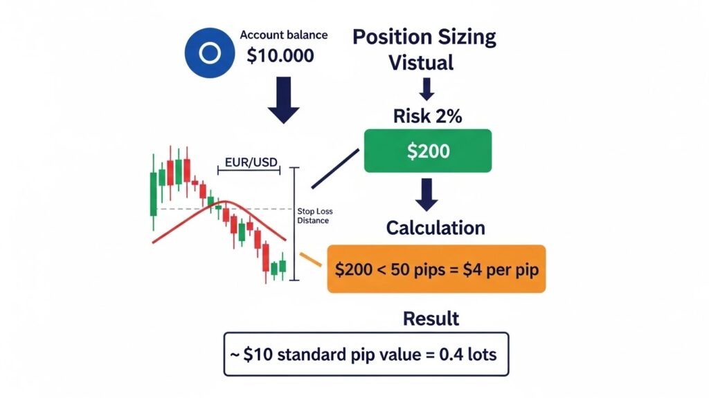 Visual guide showing how to calculate position size in forex trading with formula breakdown