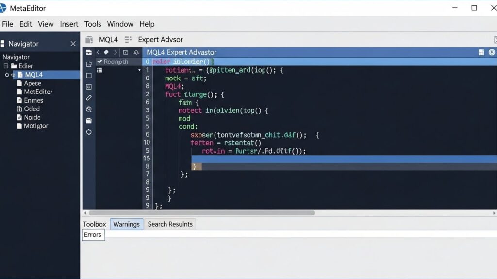 MetaEditor IDE showing MQL4 programming interface for Expert Advisor development
