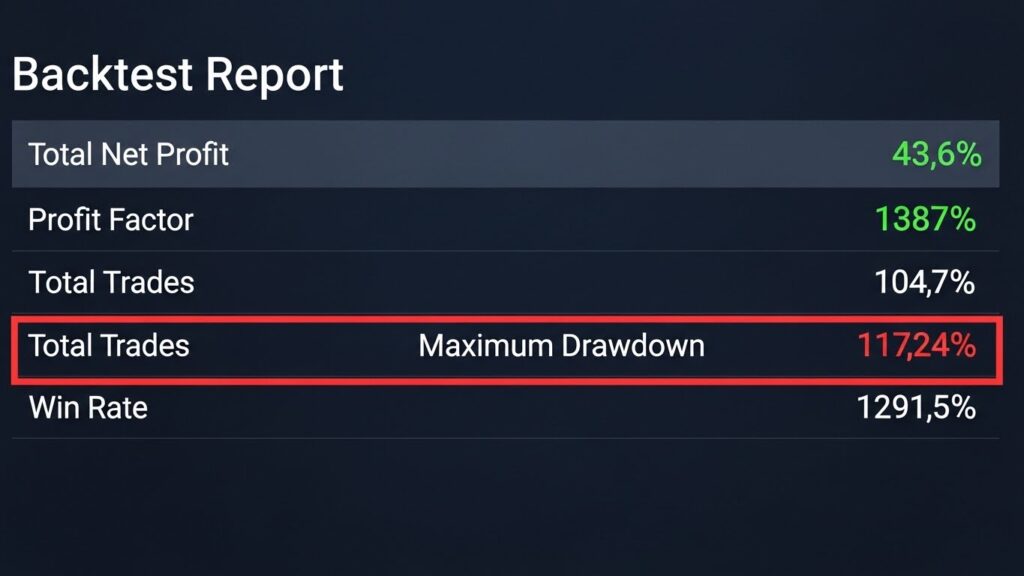 MetaTrader backtest report showing key performance metrics including profit factor and drawdown statistics