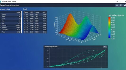 MetaTrader Strategy Tester optimization interface showing parameter settings and results visualization