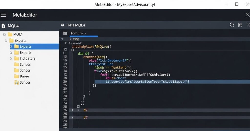 MetaEditor development environment showing MQL4 file structure and code editor