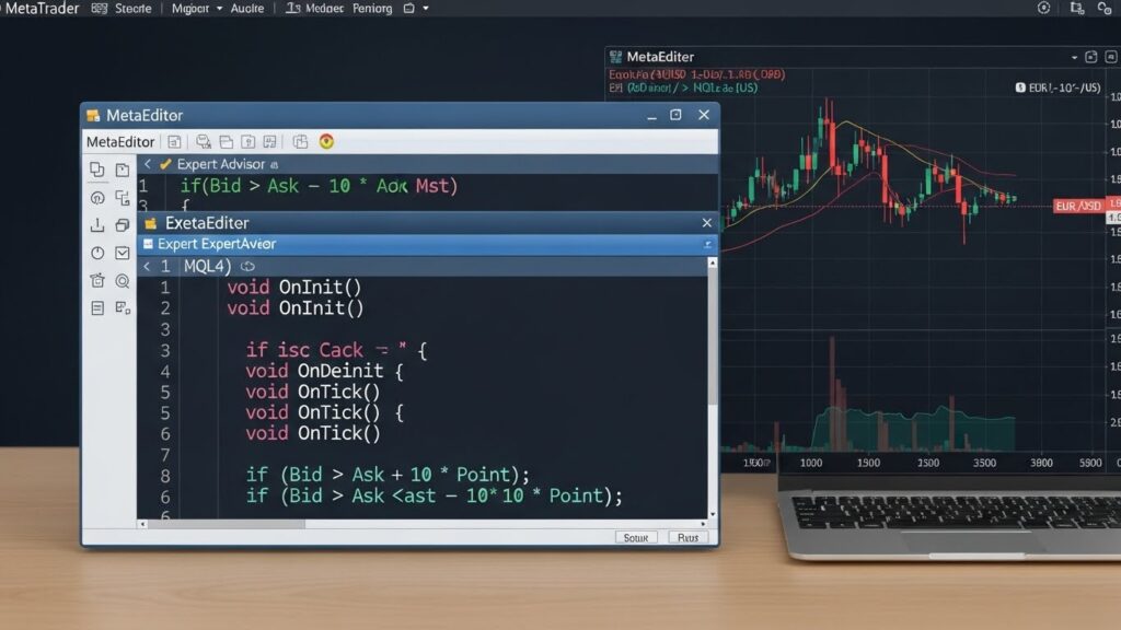 MetaEditor interface showing beginner Expert Advisor development with strategy code