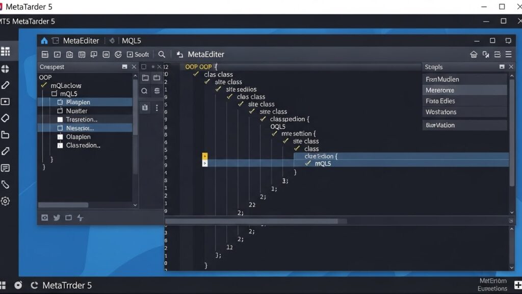 MetaTrader 5 and MetaEditor showing MQL5 object-oriented programming interface