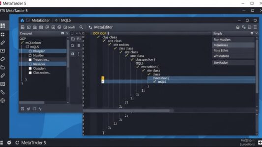 MetaTrader 5 and MetaEditor showing MQL5 object-oriented programming interface