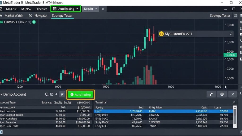 MetaTrader chart showing Expert Advisor successfully deployed on demo account with AutoTrading enabled