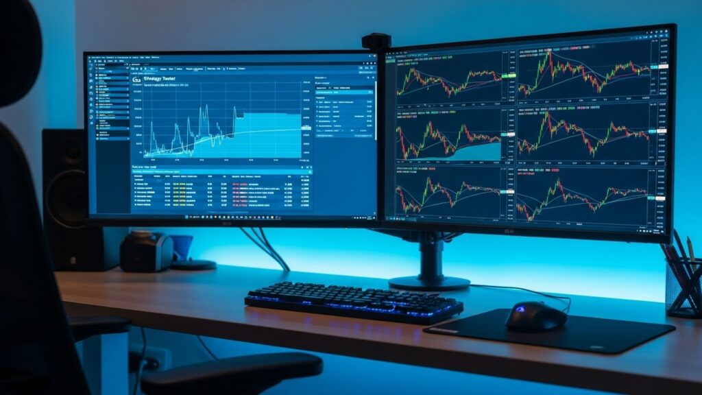 Professional backtesting setup with MetaTrader Strategy Tester and historical chart analysis