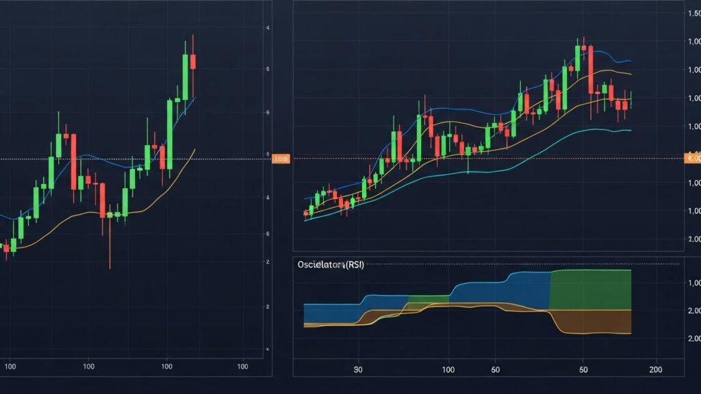 MT4 chart before and after adding indicators showing plain candlesticks transformed with moving averages and oscillator