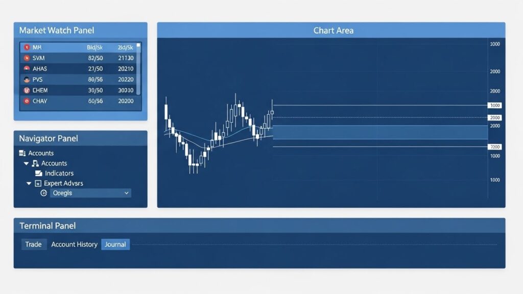MetaTrader 4 interface layout showing market watch, charts, navigator, and terminal sections