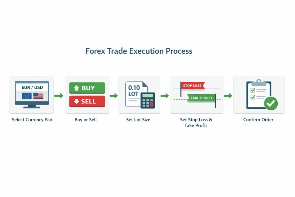 MT4 trade execution process showing order entry, lot size, stop loss, and take profit placement