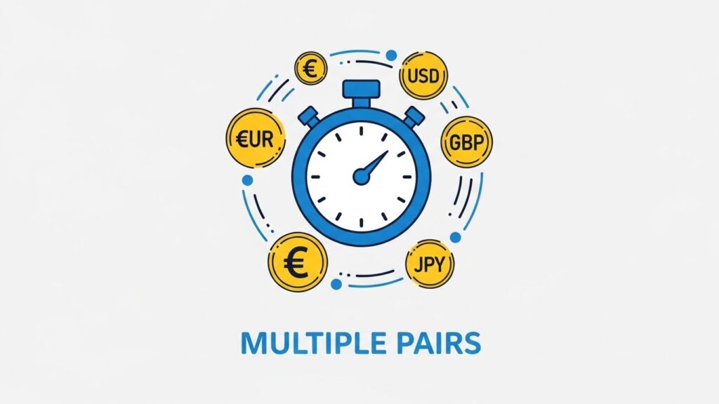 Stopwatch surrounded by EUR, USD, GBP, JPY currency symbols showing multi-pair trading automation
