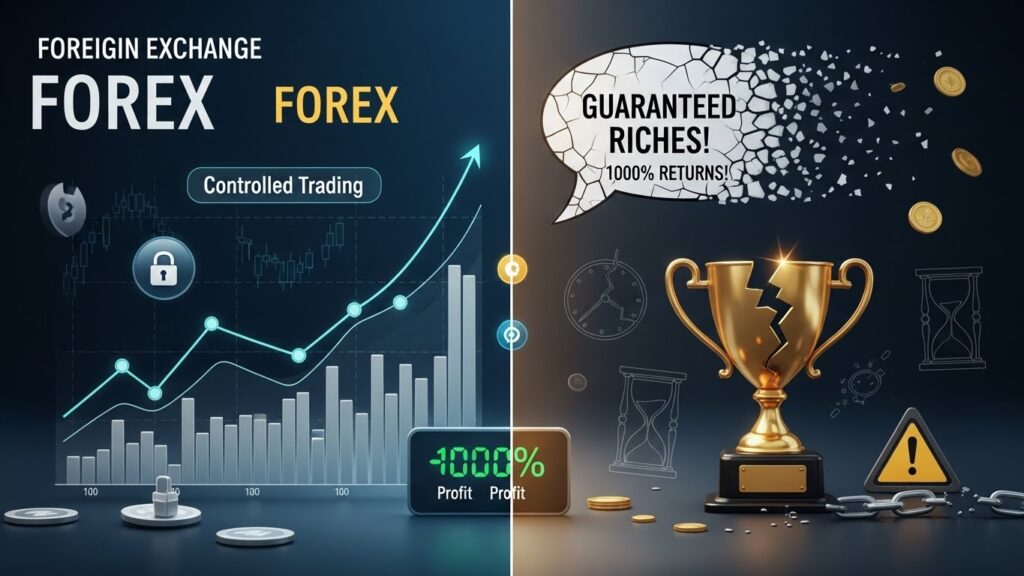 Illustration showing realistic forex trading results compared with exaggerated promises from so-called holy grail Expert Advisors