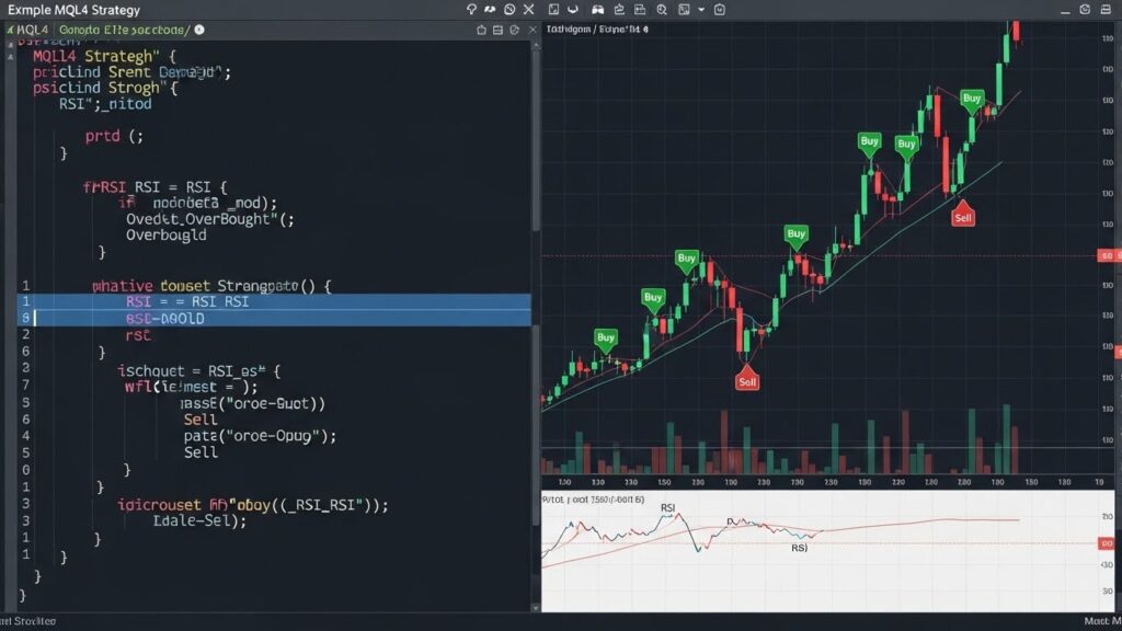 Simple MQL4 Expert Advisor code example with corresponding trading results on chart