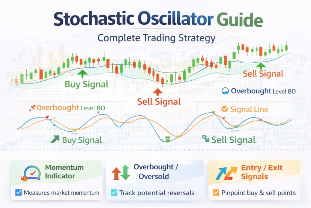Stochastic Oscillator forex trading infographic showing overbought and oversold levels, momentum signals, and buy and sell entries.