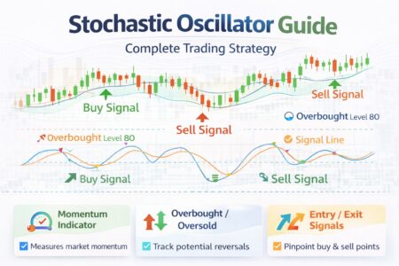 Stochastic Oscillator forex trading infographic showing overbought and oversold levels, momentum signals, and buy and sell entries.