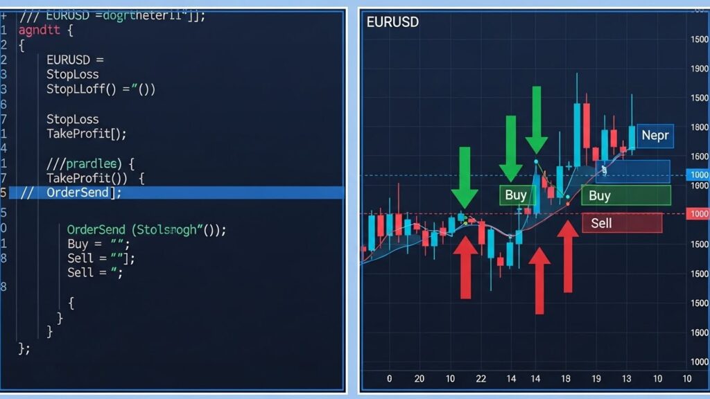 Algorithmic Trading Basics: Getting Started with Automated Forex Strategies 3 Trading algorithm code example with corresponding chart showing automated entry and exit signals