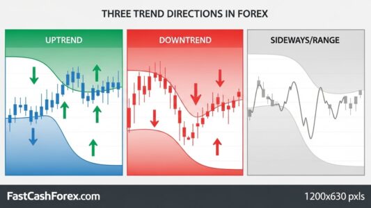 trend following strategies: Three types of forex trends showing uptrend downtrend and sideways price action
