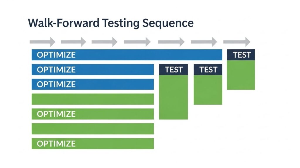 Walk-forward analysis timeline diagram showing optimization and testing periods progression