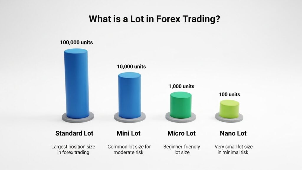Infographic showing standard, mini, micro, and nano forex lot sizes in a straight line for a beginner guide to what a lot is in forex trading