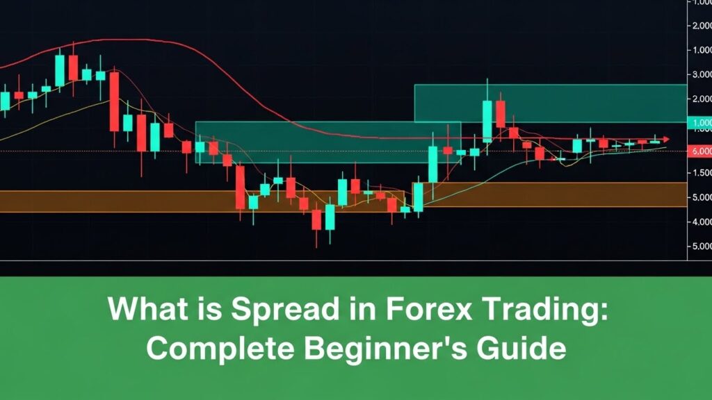 what is spread in forex  trading: complete beginner's guide. a digital screen displaying a candlestick chart with technical indicators.   indicating potential support or resistance levels. 