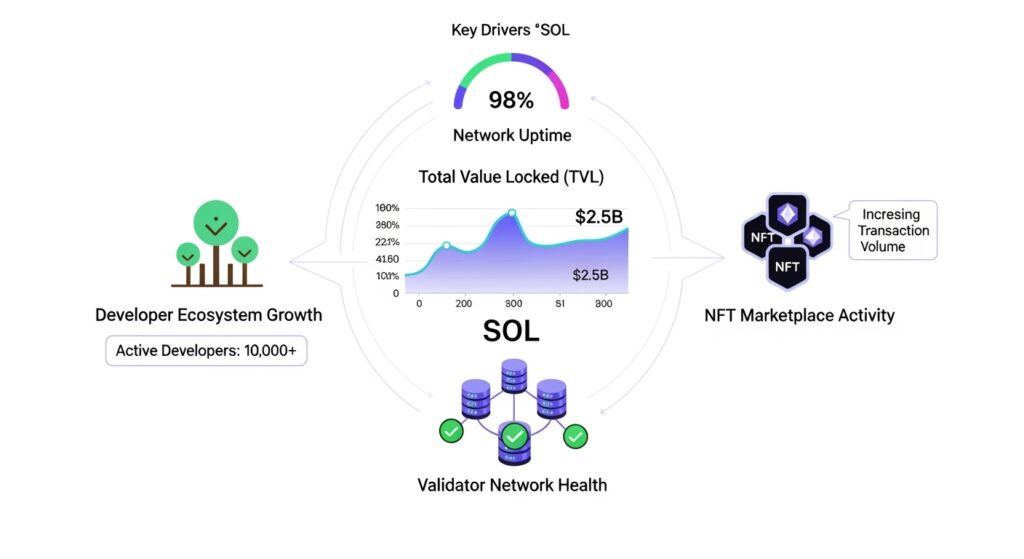 Solana price drivers diagram showing factors influencing SOL value