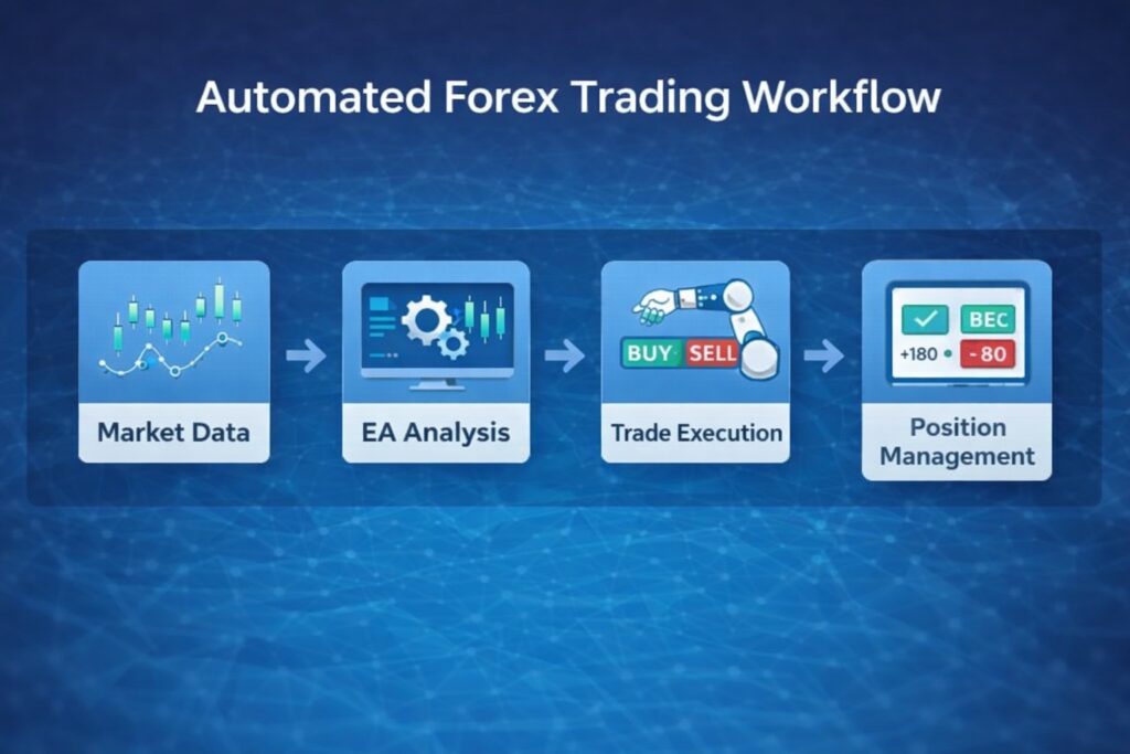 Automated forex trading workflow diagram illustrating market data, expert advisor analysis, trade execution, and position management