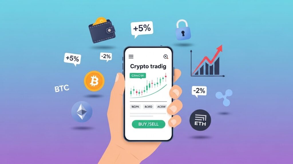 Beginner using smartphone for cryptocurrency trading with Bitcoin, Ethereum, XRP and educational icons