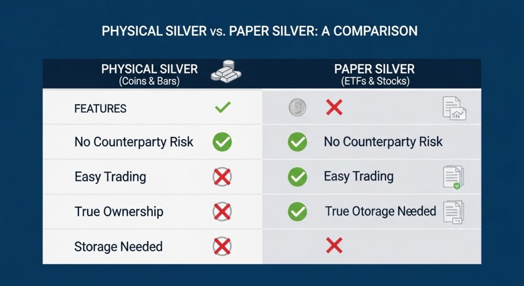 How to buy silver comparison table graphic showing physical silver (coins and bars) versus paper silver (ETF certificates and stock certificates)