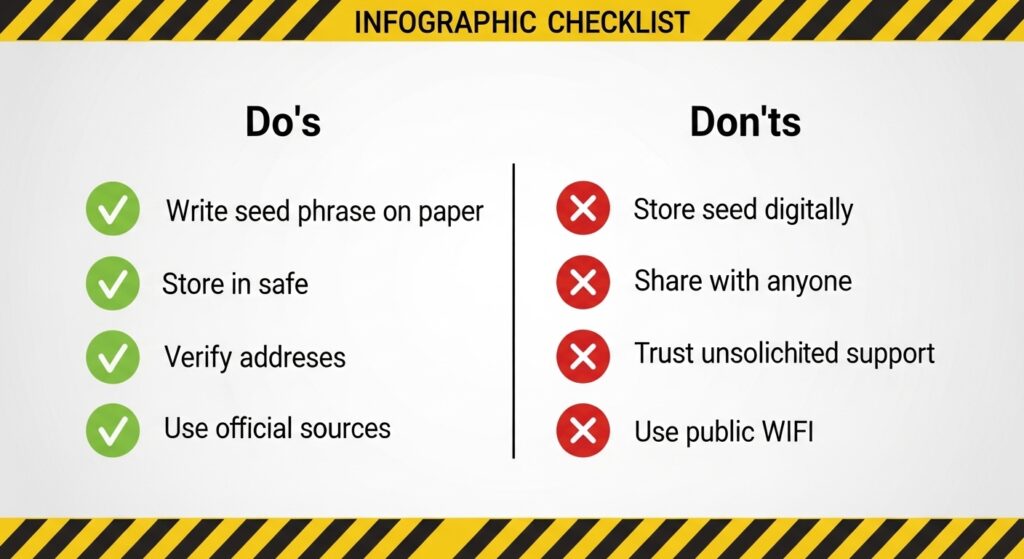 Cryptocurrency wallet security do’s and don’ts checklist infographic.
