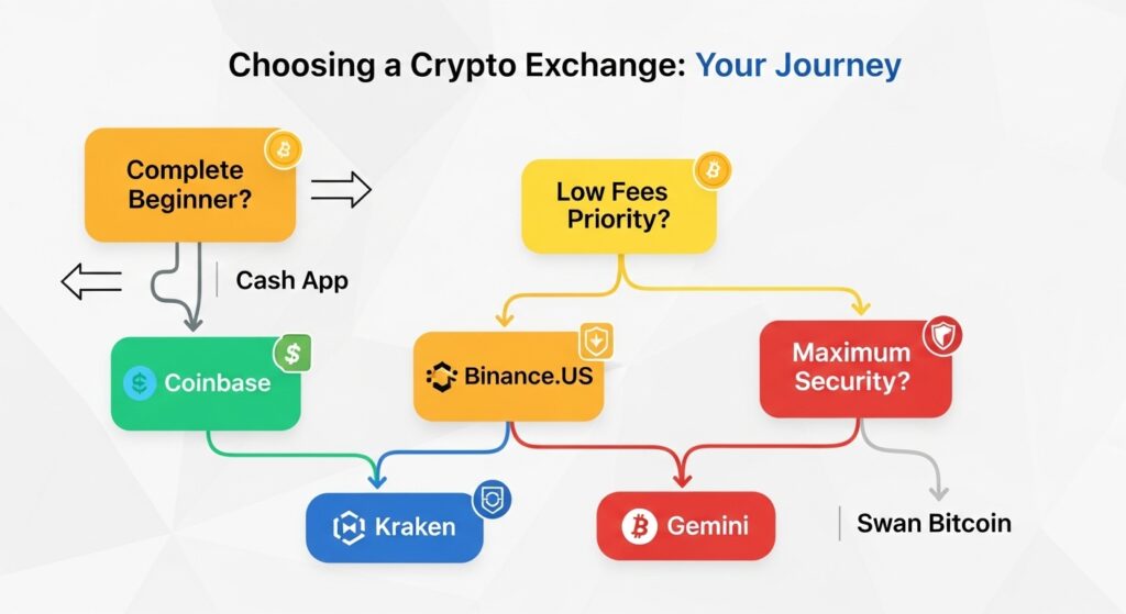 Best cryptocurrency exchanges decision tree flowchart showing paths from beginners to Coinbase or Cash App, low fees to Binance.US or Kraken, maximum security to Kraken or Gemini, and Bitcoin-only investing to Swan Bitcoin