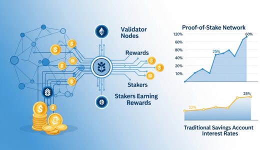 Cryptocurrency staking diagram showing how tokens generate rewards