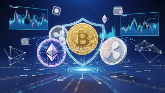 Cryptocurrency trading concept with Bitcoin, Ethereum, and XRP coins, blockchain network, and digital security elements for beginners