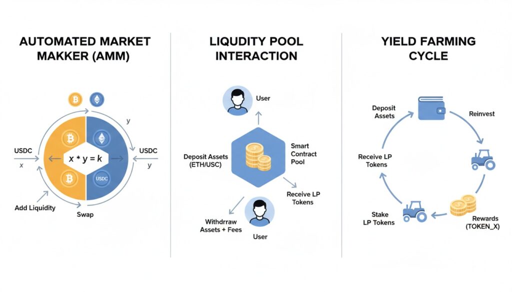 DeFi core mechanics infographic showing automated market maker pricing (x·y=k), liquidity pool interaction, and the yield farming cycle.