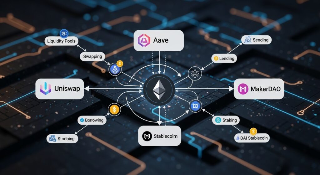 DeFi ecosystem built on Ethereum showing major protocols and use cases