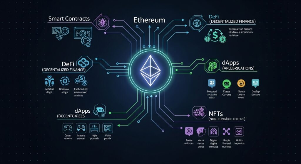 Ethereum ecosystem infographic showing smart contracts DeFi and decentralized applications