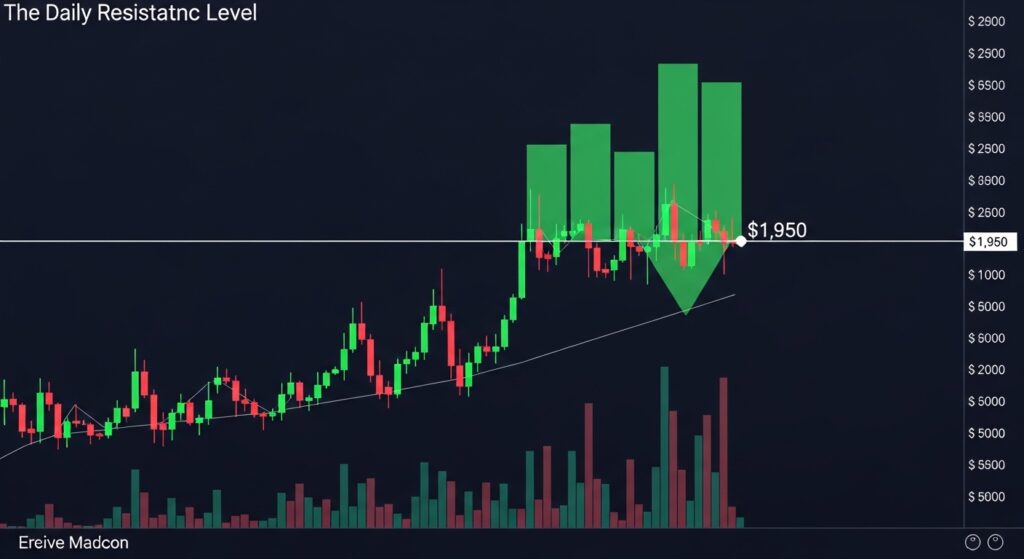 Ethereum price chart showing daily resistance level at $1,950 with volume analysis and trendline support