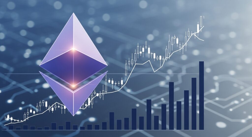 Ethereum logo (diamond/crystal symbol) with Ethereum trading chart background showing price action and volume bars