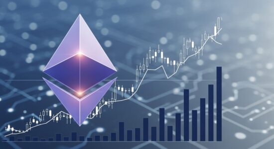 Ethereum logo (diamond/crystal symbol) with Ethereum trading chart background showing price action and volume bars